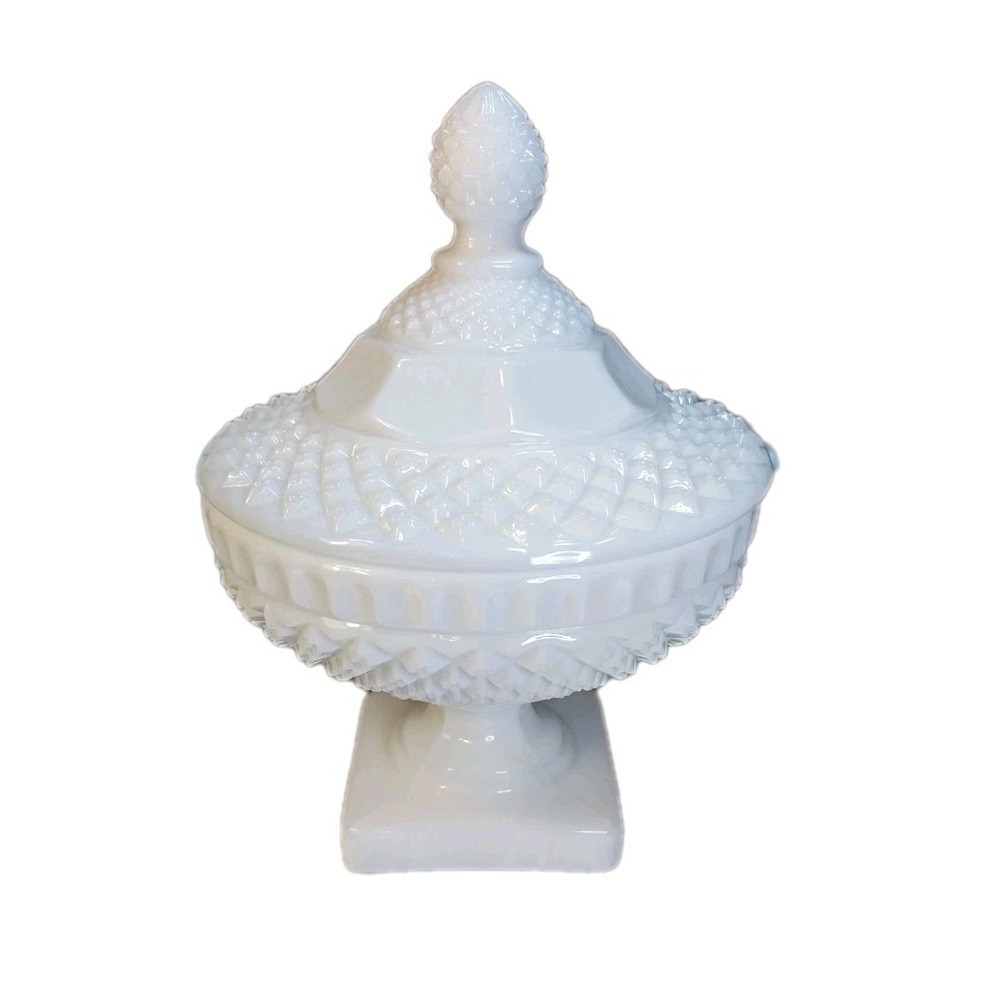 Waterford Milk Glass By Westmoreland 6" 2 Pc Diamond Cut Candy / Trinket Dish VG